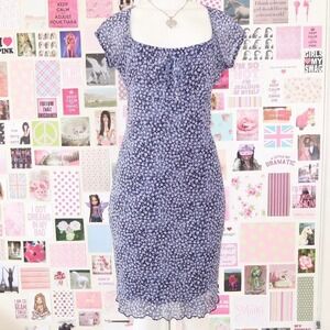 y2k blue floral mesh mini dress sheer overlay size S/M